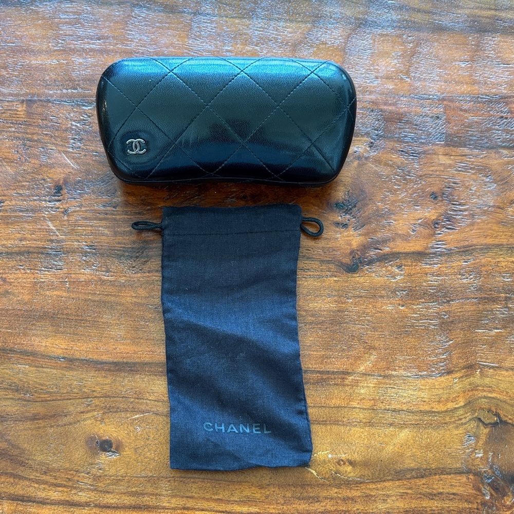 CHANEL Black Quilted Eyewear Case with Branded Drawstring Pouch